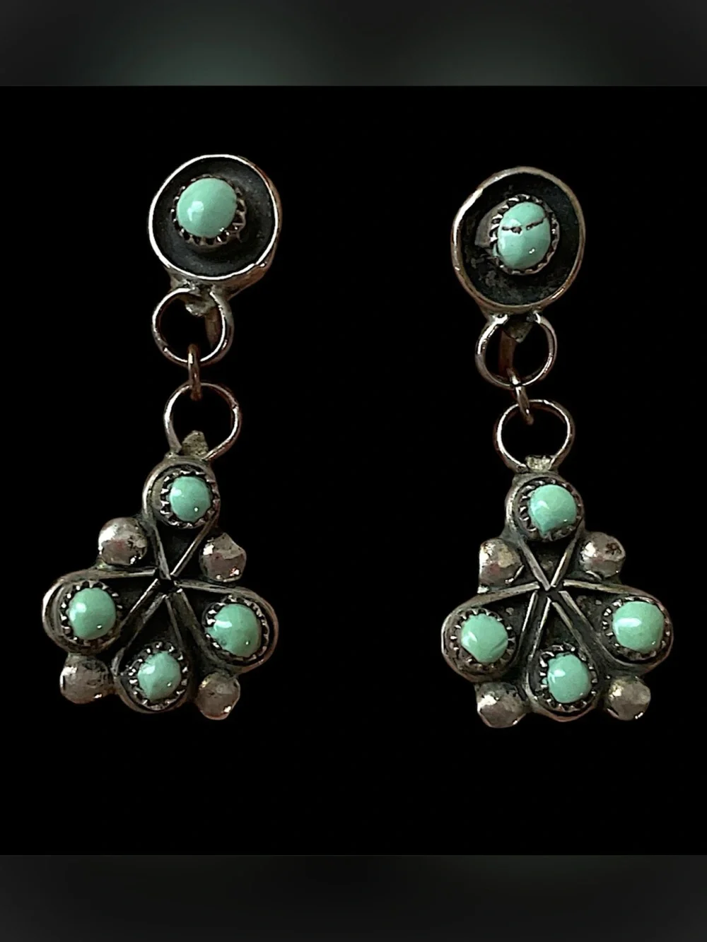 Vintage Sterling Silver Native American Turquoise Dangle Screw Back Earrings